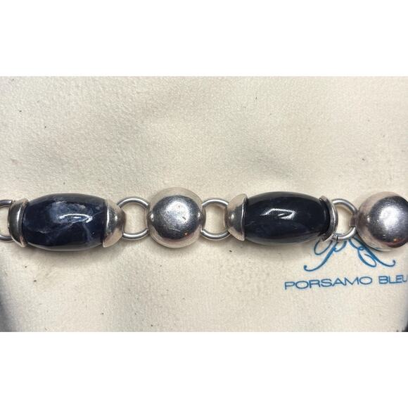 Vintage Sterling Silver Chunky Blue Sodalite Cabochon Link Toggle Bracelet - Picture 4 of 6